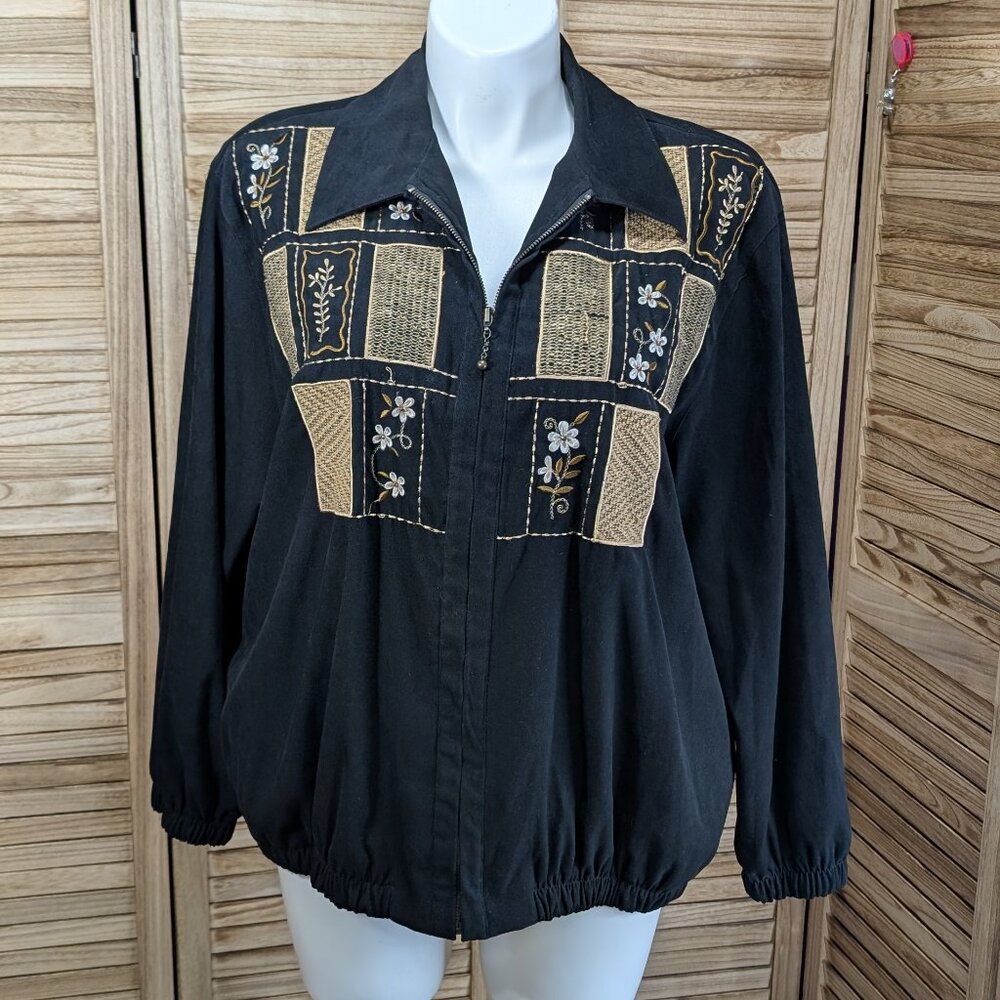 Alfred Dunner VINTAGE Black Embroidered Jacket with Floral Accents Size 18
